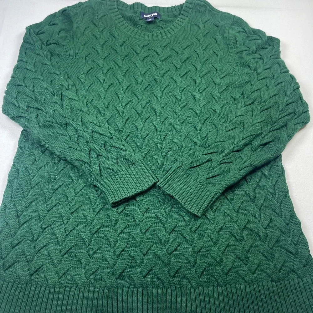 Lands' End Sweater Mens 1X Green Cotton Cable Knit Crewneck Long Sleeve Pullover